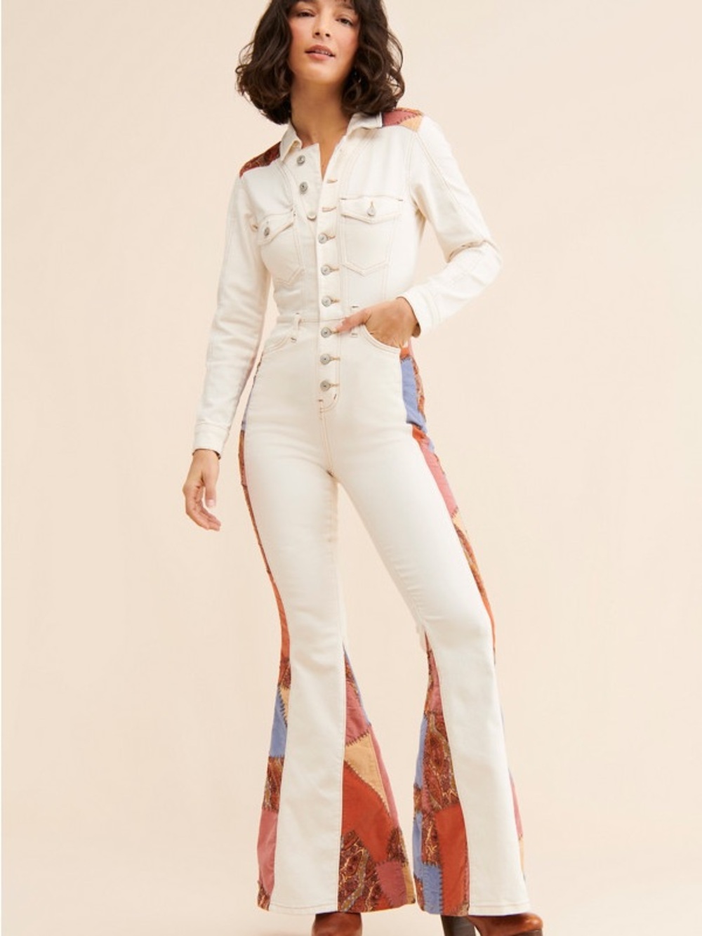 Free People Patchwork-Trim Cream Flare Jumpsuit